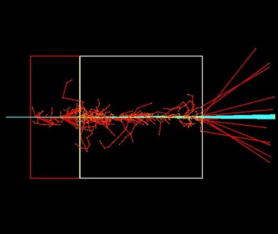 Simulacao com GEANT4-DNA da interacao de 10 protons de 2 MeV incidentes em um filme fino de 200 nm.