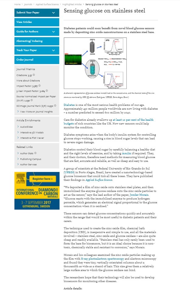 Artigo destacado do Applied Surface Science 