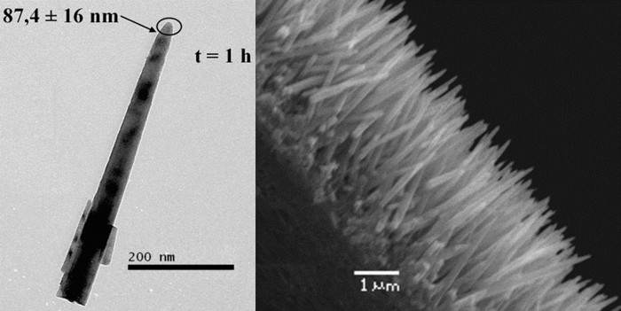 Imagem MET de uma nanocoluna de ZnO e, à direita, imagem MEV da lateral do filme nanoestruturado de ZnO. 